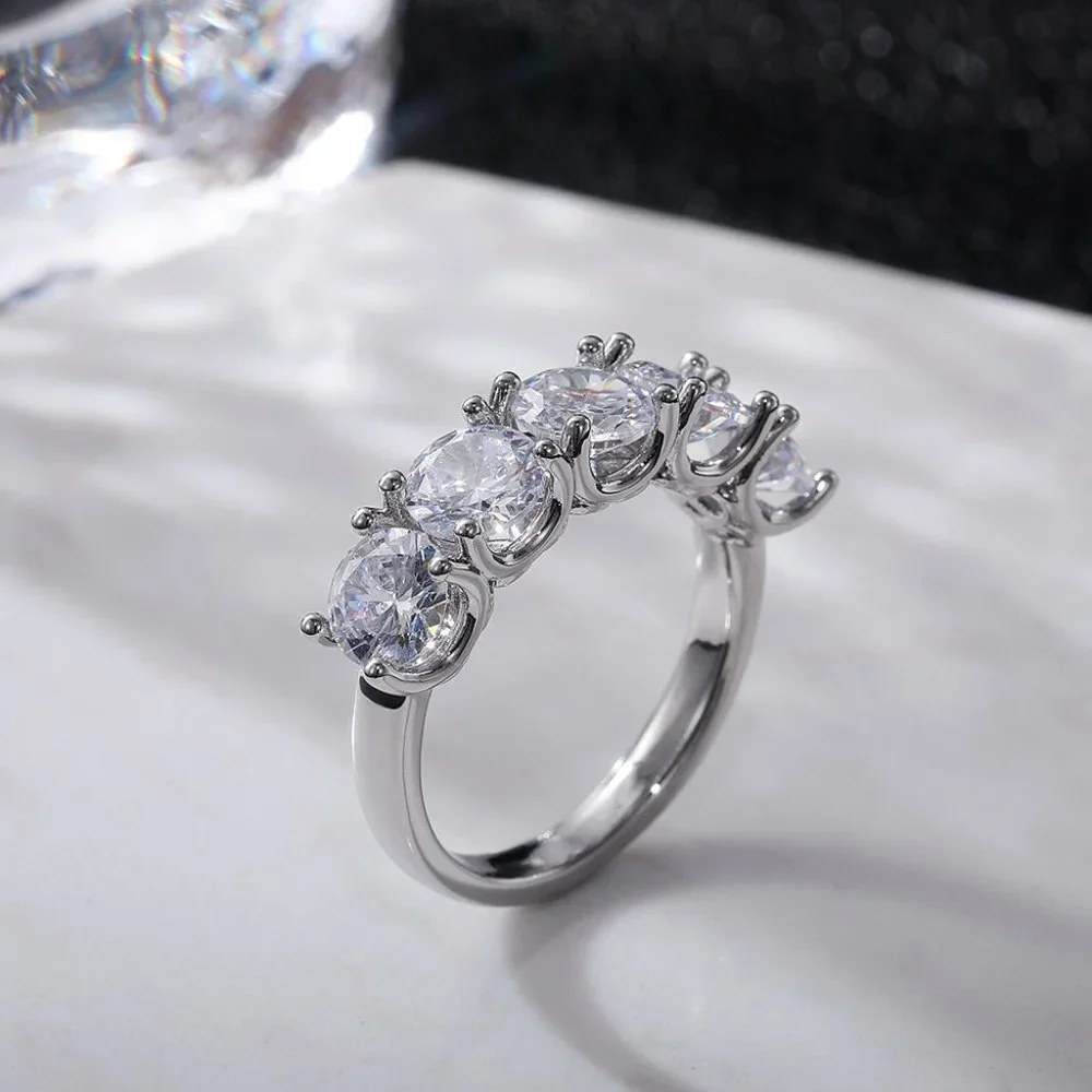 😍Lovely 5 Stone Round Dainty CZ Gems Silver Trendy Eternity Rings, K836